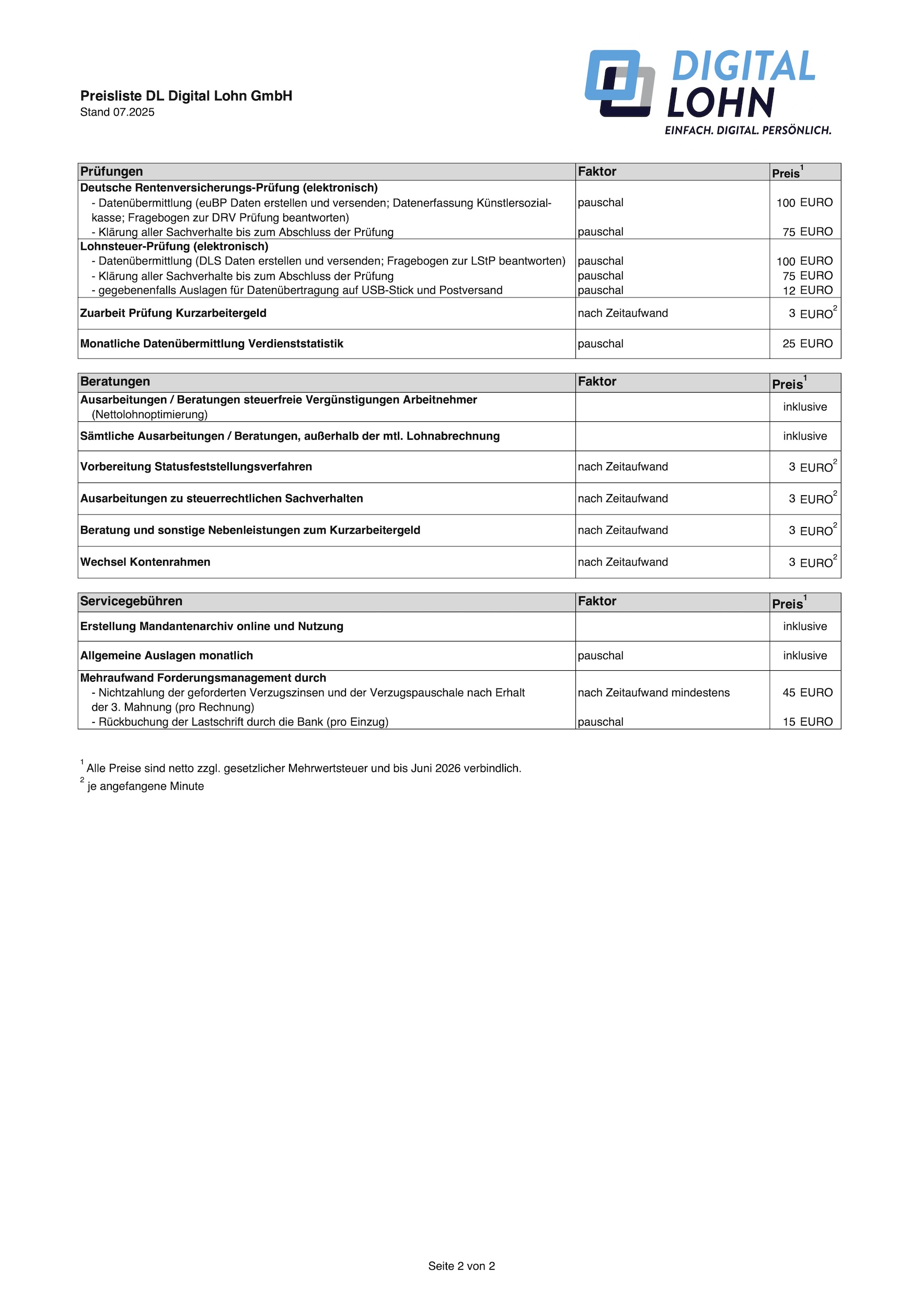 Preisliste DL Digital Lohn GmbH ab 01.07.2025