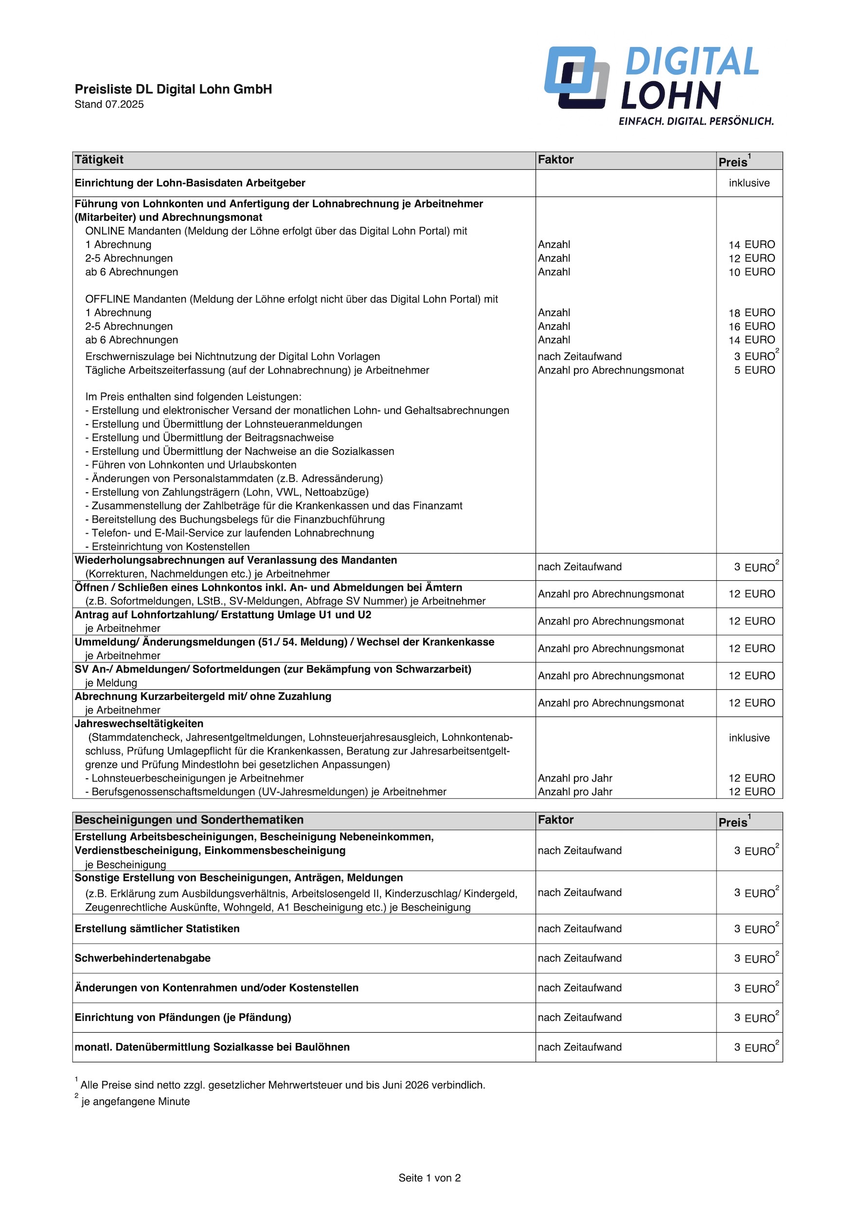 Preisliste DL Digital Lohn GmbH ab 01.07.2025