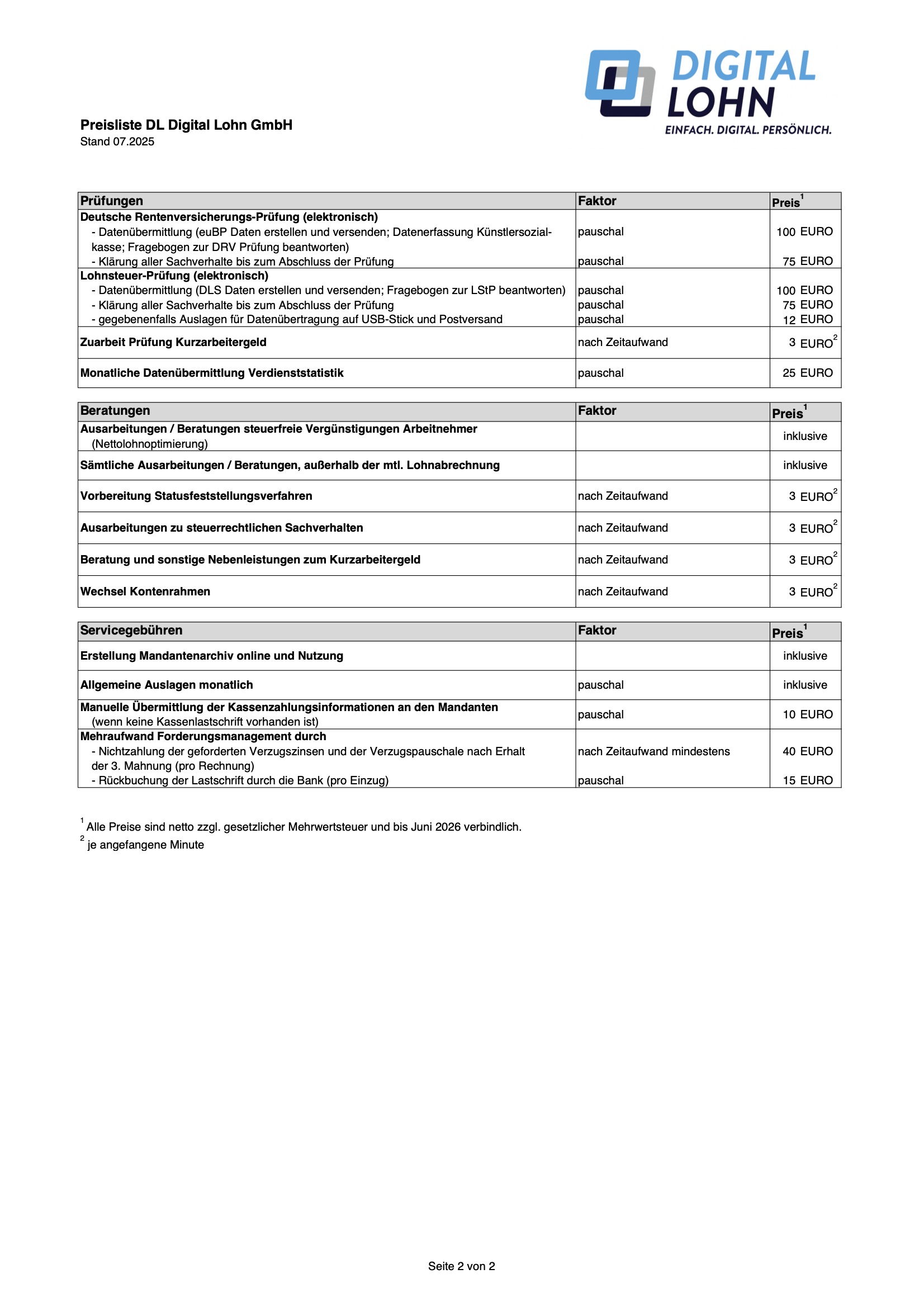 Preisliste DL Digital Lohn GmbH ab 01.07.2025