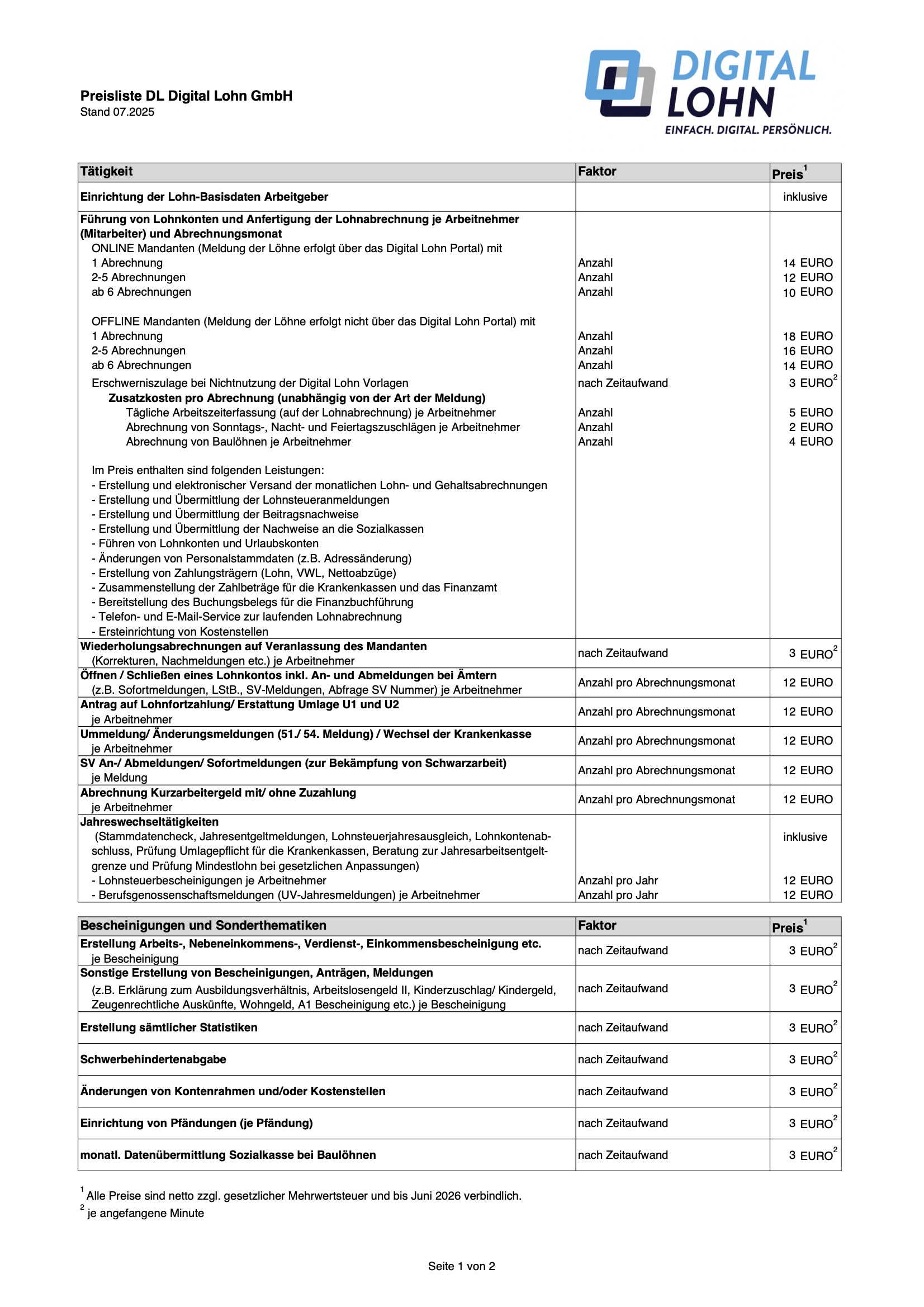 Preisliste DL Digital Lohn GmbH ab 01.07.2025
