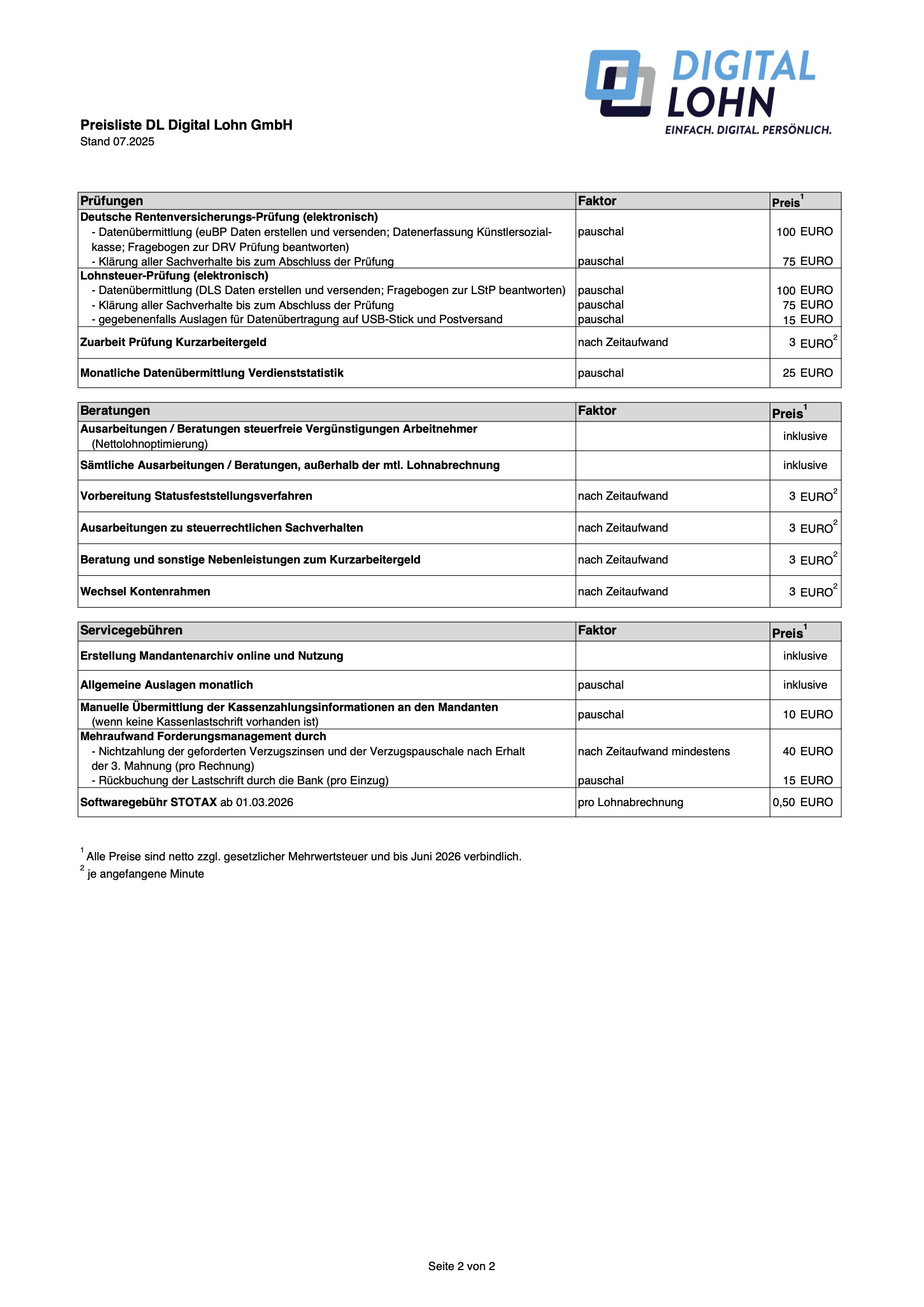 Preisliste DL Digital Lohn GmbH ab 01.07.2025